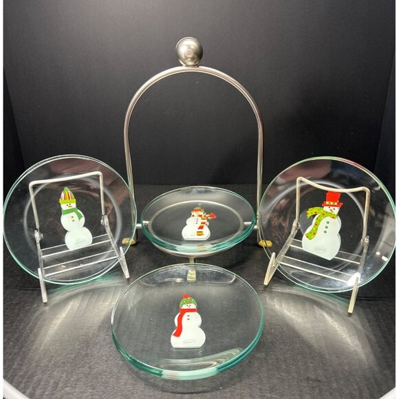 The Pampered Chef Snowman Appetizer Dessert Plates with Stand - Set Of 8 - Picture 1 of 10
